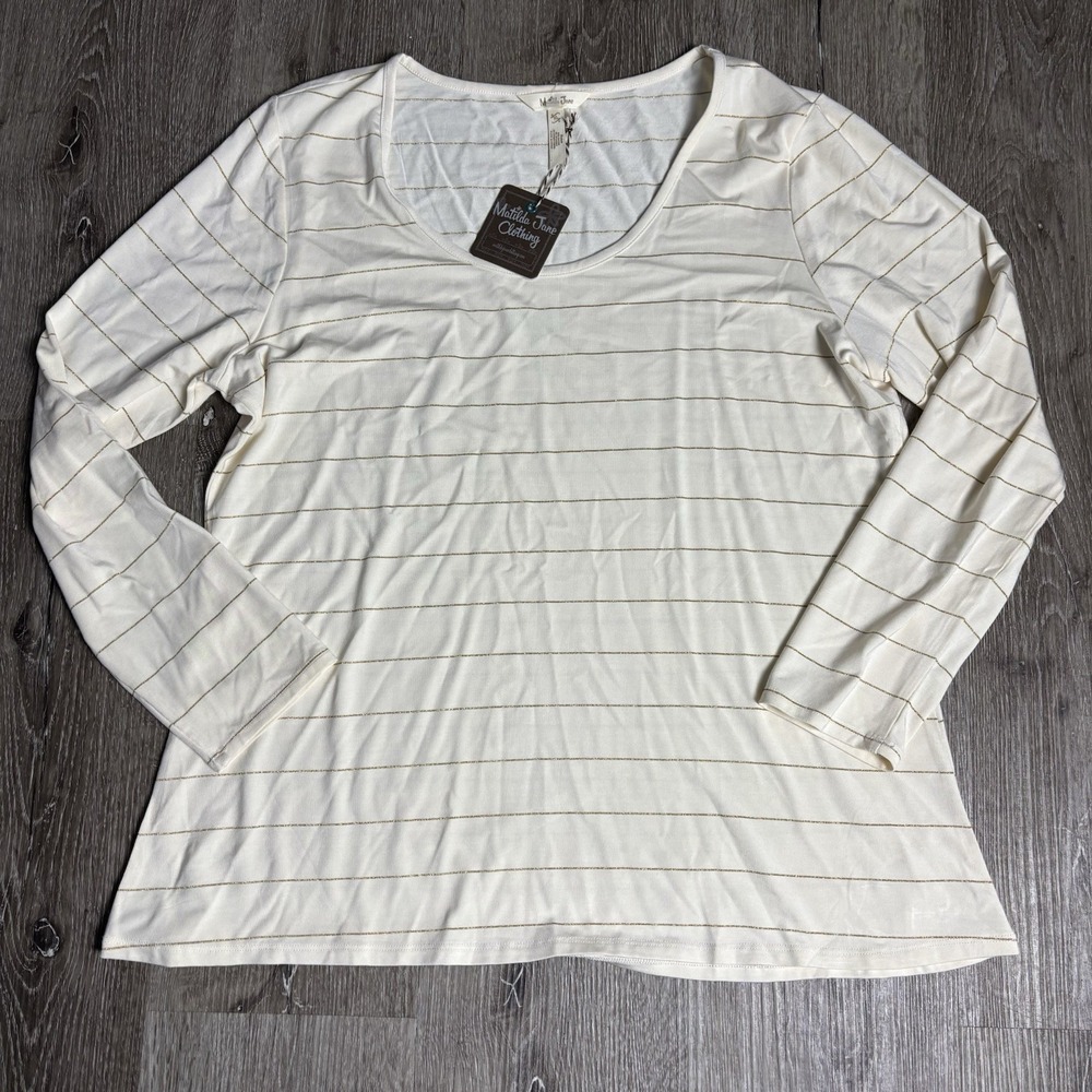 NWT‎ Matilda Jane XL Womens Scoop Neck Long Sleeve Cream/Gold Striped Top
